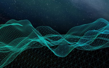 Star horizon. Abstract landscape on a dark background. Cyberspace grid. Hi-tech network. Outer space. Starry outer space texture. 3D illustration