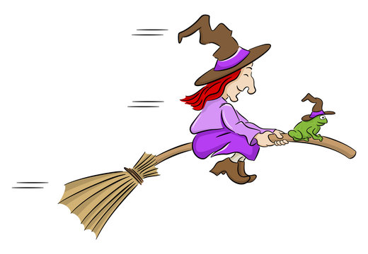witch and her toad flying on a broom