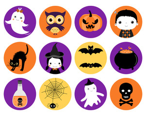 Naklejka premium Cute Halloween vector icons in flat style - round circle shape in orange, purple and black colors