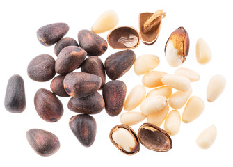 Pine nuts on the white background. Organic food.