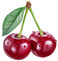Two cherries with water drops on a white background.