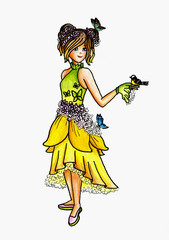 The girl keeps a birdie on a hand in a beautiful dress. Children's drawing, colored pencils, felt-tip pens