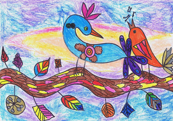 Birds sit on a branch and sing songs. Children's drawing