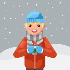 winter hot drink tea coffee young man cup flat design vector illustration