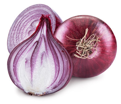 Red onion bulb and cross sections of onion. File contains clipping path.