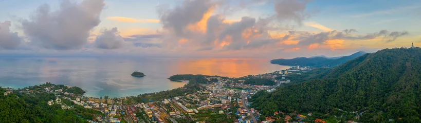 Foto op Canvas aerial panorama sunrise at Kata beach close to Karon beach in the middle of two beach has Pu island.aerial view sunrise in Chalong sea © Narong Niemhom