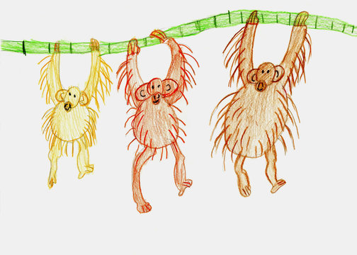 Three monkeys hang on a branch. Children's drawing