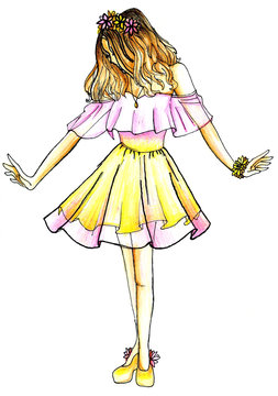 The girl admires a beautiful dress. Children's drawing, colored pencils, felt-tip pens