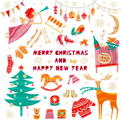 Collection of Christmas and New Year elements. Vector flat design with texture
