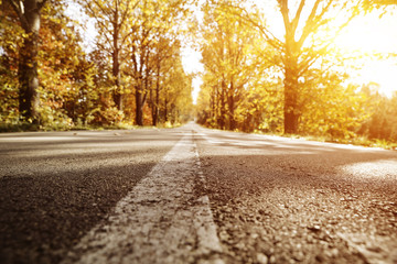 Obraz premium Autumn road background and sunset time. 