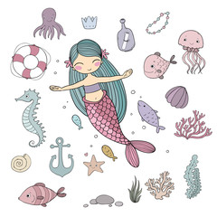 Obraz premium Zestaw ilustracji morskich. Mała syrenka kreskówka