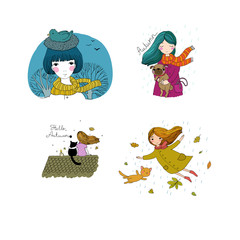 Set with cute autumn pictures. October postcards