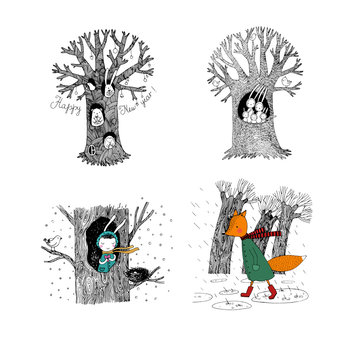 set with magic trees. Fairy forest. Hand drawing isolated objects on white background.