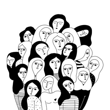 Black and white illustration with women faces.