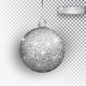 Christmas bauble silver glitter isolated on white. Sparkling glitter texture bal, holiday decoration. Stocking Christmas decorations. Silver hanging bauble. Vector illustration
