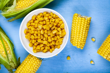 Raw and canned corn in a white bowl.