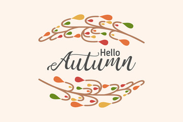 Hello autumn background with abstract trees. Nature autumnal vector concept. Orange and yellow leaf seasonal illustration.