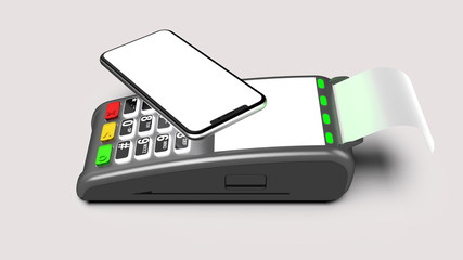 Payment terminal isolated on white background. Top view smartphone and terminal.