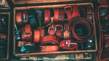 Leather items at a flea market