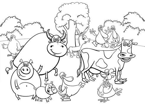 black and white cartoon farm animal characters group