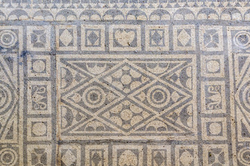 Floor mosaic of colored stones in villa Roman mosaics in Risan, Risana, Boca-kotor bay, Montenegro