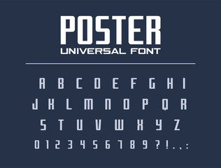 Poster universal font for business headline text. Condensed, narrow alphabet. Technology typography style. Media industry, medicine geometric logo design. Modern bold typeface, vector letters, numbers
