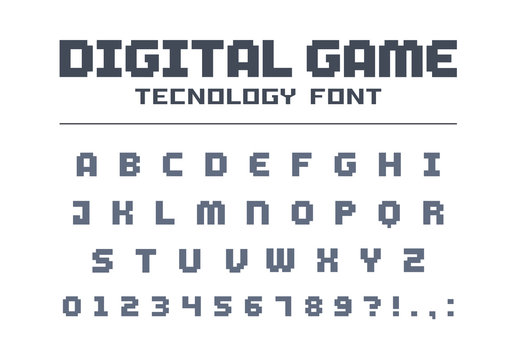 Digital game technology font. Geometric, futuristic, techno alphabet. Retro letters and numbers for video, computer, mobile app logo design. Pixel art, 8 bit electronic entertainment vector typeface