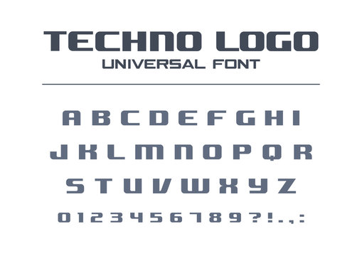 Technology bold font. Geometric typography style. Sport, futuristic, future techno alphabet. Letters, numbers for military industry, business company logo design. Modern minimalistic vector typeface