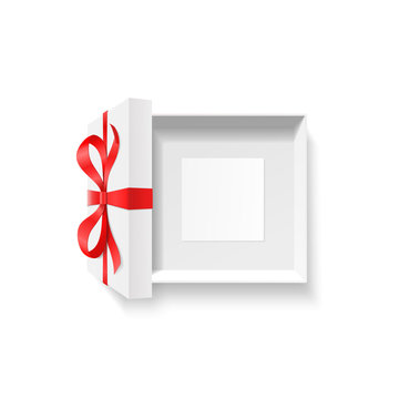 Empty open gift box, red color bow knot, ribbon with blank photo frame, greeting card inside isolated on white background. Happy birthday, Christmas or Valentine Day package concept. Vector top view