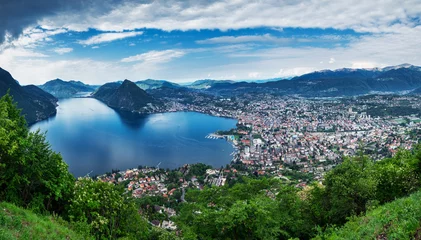 Foto auf Glas Lugano, Switzerland, May 12, 2018. Panoramic sight from Monte Brè Mountain. © volff