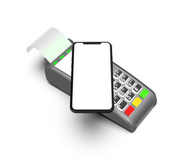 Payment terminal isolated on white background. Top view smartphone and terminal. Template, mockup.