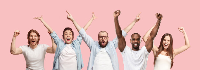 Collage of winning success happy men and women celebrating being a winner. Dynamic image of caucasian male and female models on blue studio background. Victory, delight concept. Human facial emotions