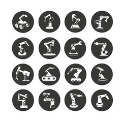 industrial robot icon set in circle buttons