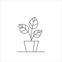 Houseplant editable line vector illustration - outline indoor plant with three big leaves in flowerpot.