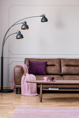 Lamp next to couch with pink blanket in white living room interior with table and rug. Real photo
