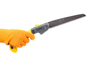 Folding garden saw in hand with glove