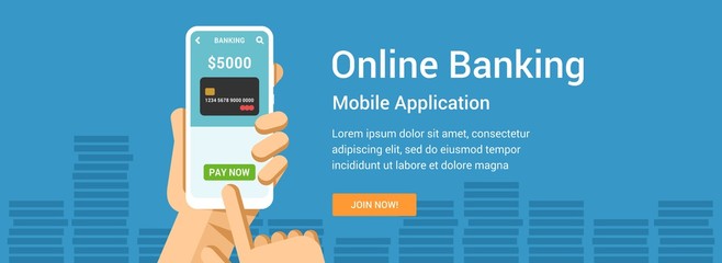 Vector flat banner for online banking finance application. Phone in hand illustration for mobile or web design
