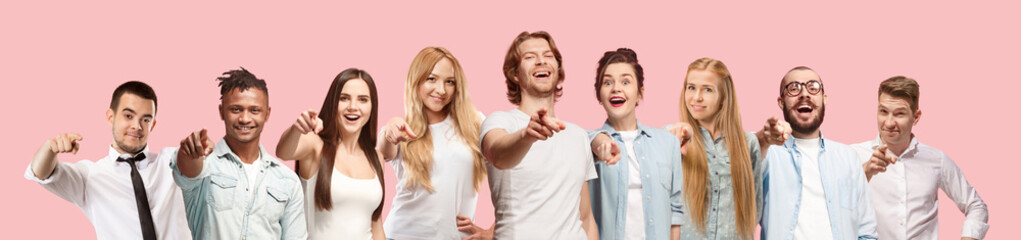 I choose you and order. The smiling business women and men point you, want you, half length closeup...