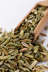 essential oil of fennel seeds on a white background