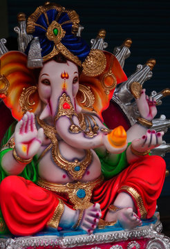 Closeup of Hindu elephant headed God Ganesha Idol during Ganesha Chathurthi festival