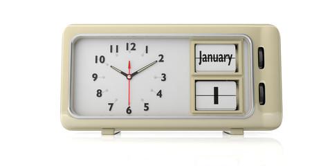 Retro alarm clock with date January1st isolated on white background. 3d illustration