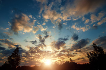 Fantastic, beautiful clouds at sunrise with dramatic light. Situation in the sky in the morning. Sunrise, landscape. copy space