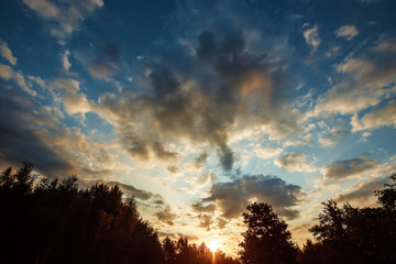 Fantastic, beautiful clouds at sunrise with dramatic light. Situation in the sky in the morning. Sunrise, landscape. copy space