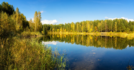 осенний пейзаж на озере с березовым лесом на берегу,...