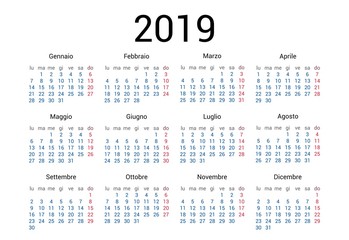 2019 year Italian calendar in Italian language. Classical, minimalistic, simple design. White background. Vector Illustration. Week starts from monday.