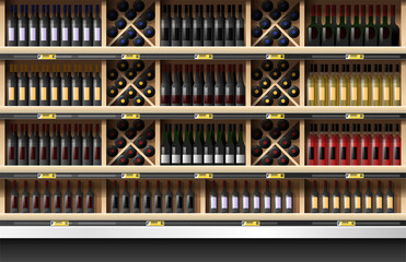 Various bottles of wine display on shelf in supermarket , vector , illustration