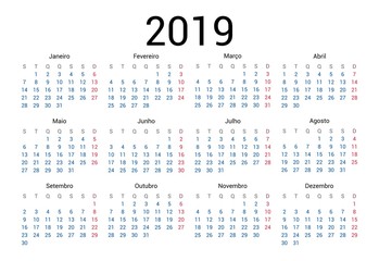 2019 year Portuguese calendar in Portuguese language. Classical, minimalistic, simple design. White background. Vector Illustration. Week starts from monday.