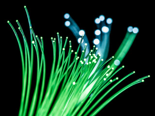 Bundle of optical fibers with green light. Black background.