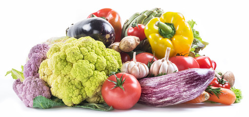 Group of colorful vegetables on white background. Close-up.