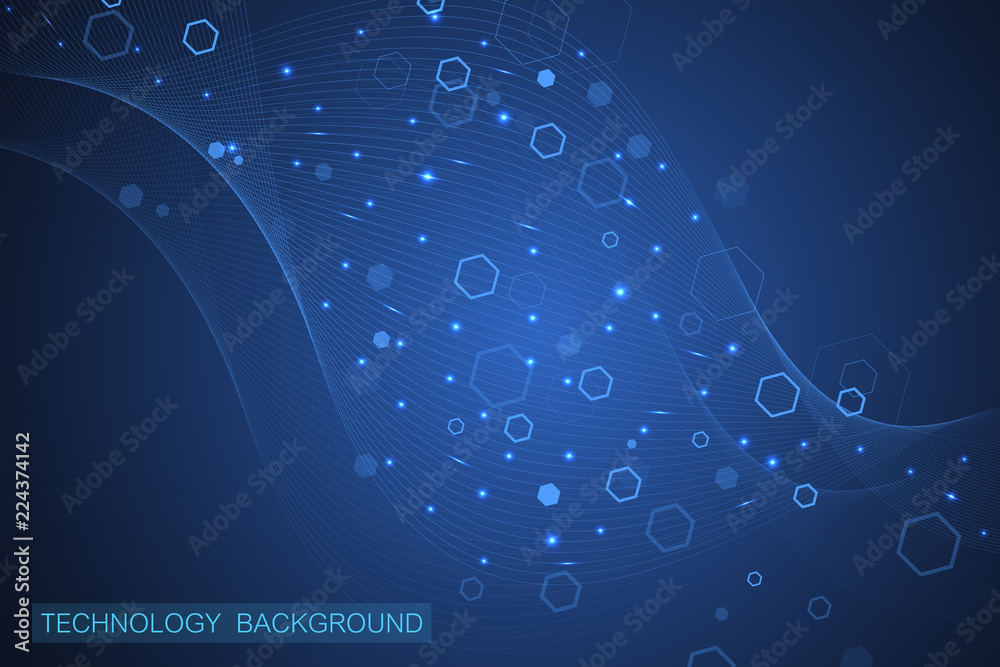 Poster abstract futuristic background. molecules technology with polygonal shapes on dark blue background. 